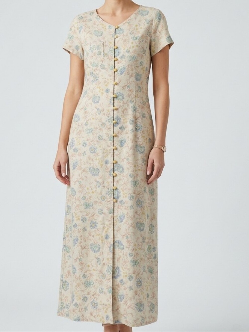 Vintage Liz Claiborne Lizwear Floral Linen Blend Button-Front Maxi Dress Size 10